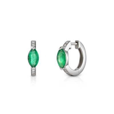 Pair of huggie earrings featuring emerald marquise stones and diamond accents.