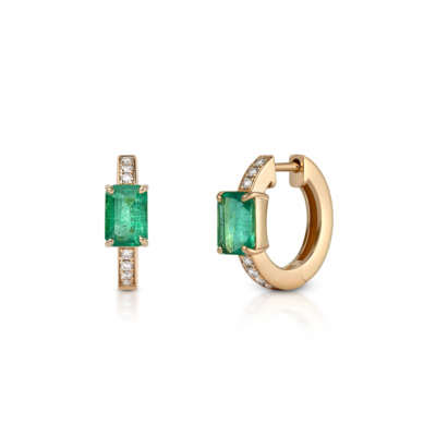 Emerald octagon huggie earrings with diamond accents in gold settings.