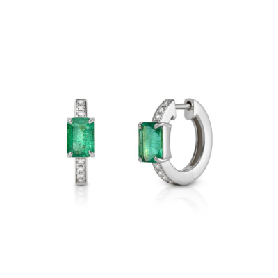 Pair of huggie earrings featuring emerald octagon stones and diamond accents.