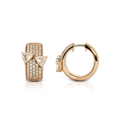 Rose gold Huggies earrings featuring diamond embellishments and triangular accents.
