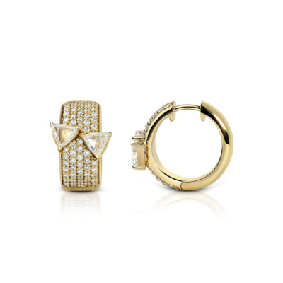 Gold hoop earrings featuring triangular diamond accents and a textured surface.