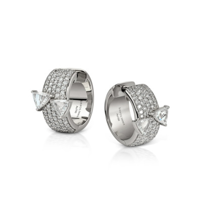 Pair of silver huggie earrings featuring trillion cut diamonds and a pave setting.