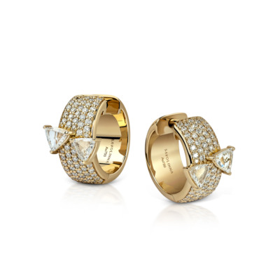 Gold hoop earrings featuring diamond accents and a textured surface design.