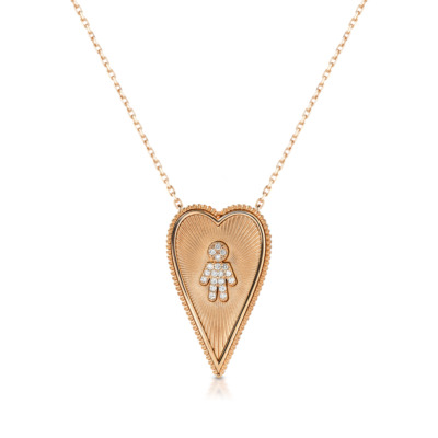 Elongated heart-shaped necklace featuring a custom boy design and diamond accents.
