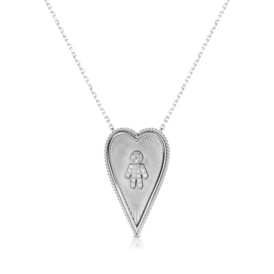 Elongated heart-shaped necklace featuring a custom design with a small figure in the center.