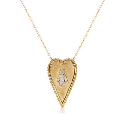 Elongated heart-shaped pendant necklace featuring a custom boy design in yellow gold.