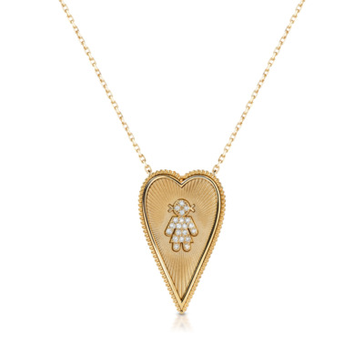 Elongated heart-shaped necklace featuring a custom design with a central motif and diamond accents.