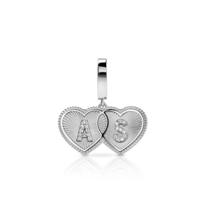 Double heart shaped charm featuring the initials AS in a decorative design.