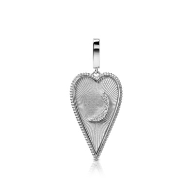 Silver heart-shaped pendant featuring a textured surface and a crescent moon accent with small stones.