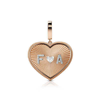 Large heart-shaped charm featuring a diamond solitaire and the letters F and A in a decorative design.