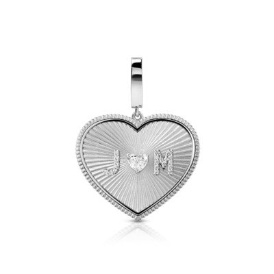 Silver heart charm featuring initials J and M with a diamond accent in the center.