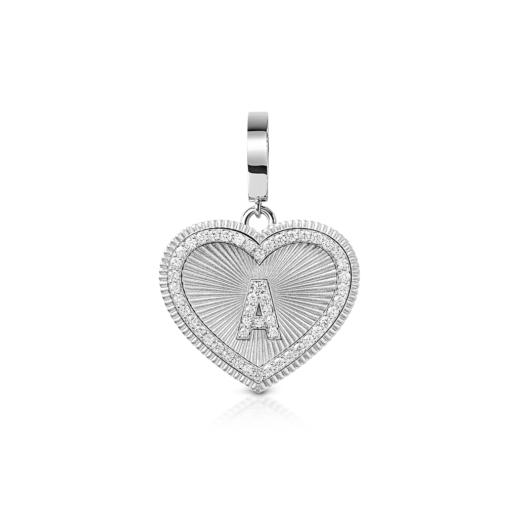 Heart-shaped charm with a diamond frame and an engraved letter 'A' in the center.