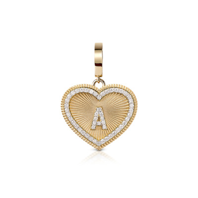 Gold heart-shaped charm with a diamond frame and the letter A in the center.