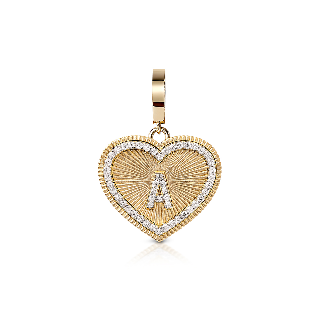 Gold heart-shaped charm with a diamond frame and the letter A in the center.
