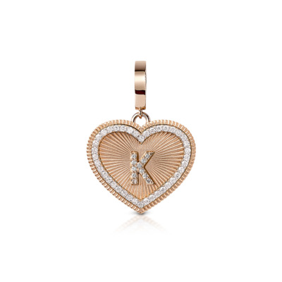 Heart-shaped charm featuring a diamond frame and the letter K in the center.