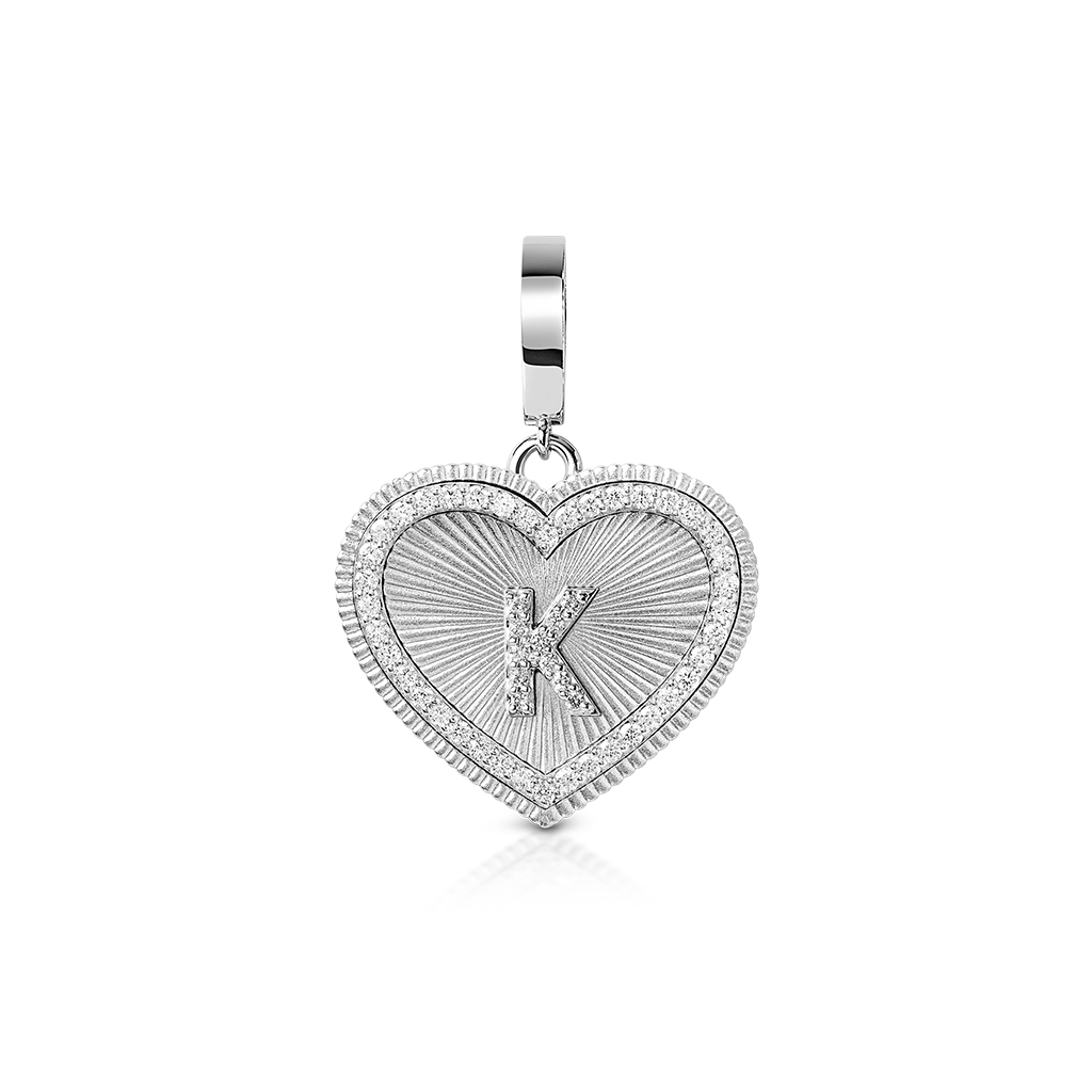 Heart-shaped charm featuring a diamond frame and the letter K in the center.