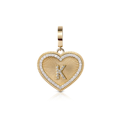 Heart-shaped charm with a diamond frame featuring the letter K in the center.