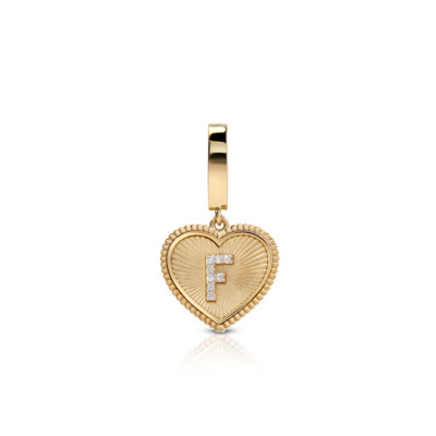 Gold heart-shaped charm featuring the letter F adorned with small diamonds.