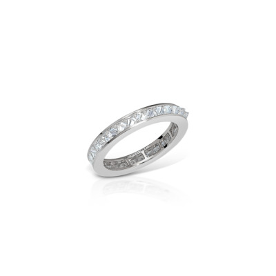 White gold eternity band featuring a single row of diamonds set in a channel design.