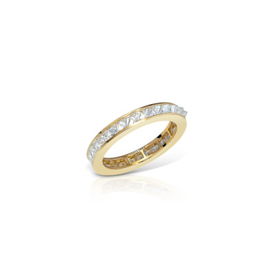 Gold eternity band featuring a single row of diamonds set in a channel design.