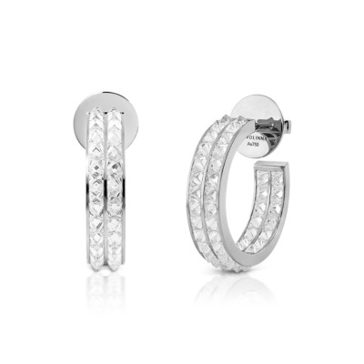 Double row hoop earrings made of white gold with diamond embellishments.