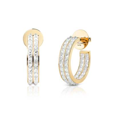 Double row hoop earrings featuring diamonds set in yellow gold, showcasing a modern design.