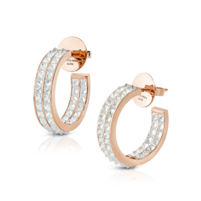 Double row hoop earrings featuring diamonds set in rose gold metal.