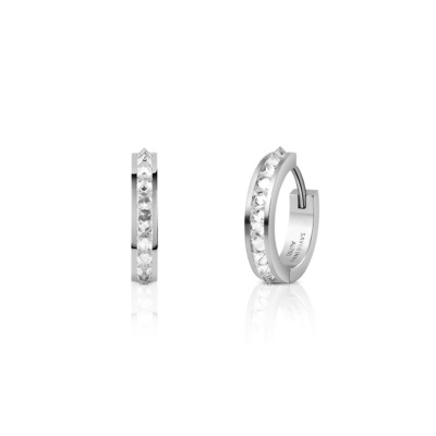 Silver mini hoop earrings with diamond accents, measuring 15mm in diameter.
