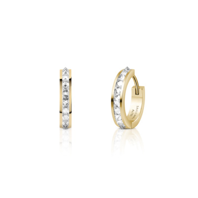Gold mini hoop earrings with diamond accents, featuring a sleek design and a hinged closure.