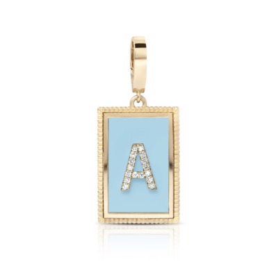 Gold charm pendant featuring the letter A in a baby blue background with diamond accents.