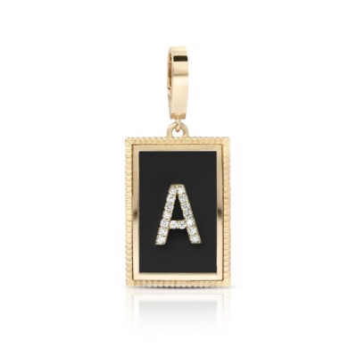 Gold pendant with a black background featuring the letter A in rhinestones.