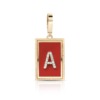 Gold pendant featuring a red background with a diamond-studded letter A in the center.