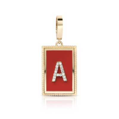 Gold pendant featuring a red background with a diamond-studded letter A in the center.