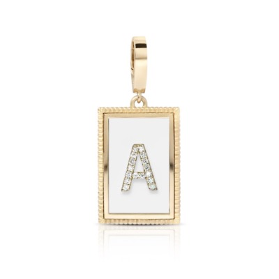 Gold charm pendant featuring the letter A adorned with clear gemstones on a white background.