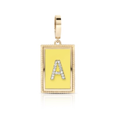 Yellow charm pendant featuring the letter A adorned with rhinestones on a gold frame.