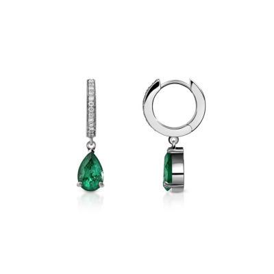 Emerald drop earrings featuring a pear-shaped emerald and diamond accents on a silver setting.