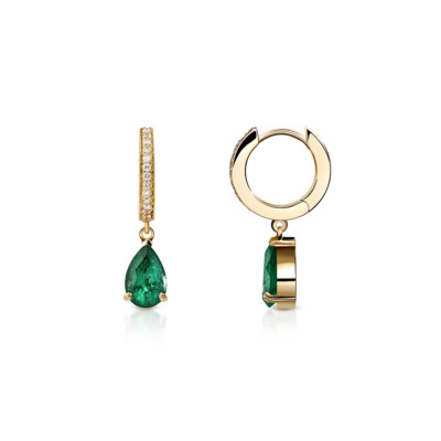 Gold earrings featuring a pear-shaped emerald and small diamonds on a hoop design.