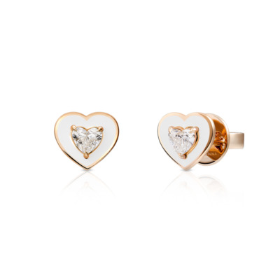 Heart-shaped earrings featuring a central diamond set in a gold and white design.
