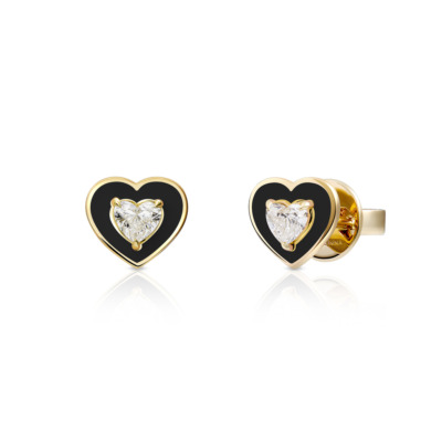 Heart-shaped diamond solitaire earrings with a black enamel border and gold setting.