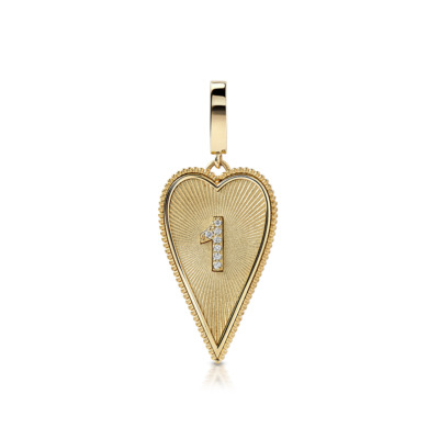 Elongated heart charm featuring the number 1 in yellow gold with diamond accents.