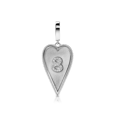 Silver elongated heart charm featuring the number 8 in a decorative design.