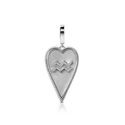 Elongated heart-shaped pendant featuring the Aquarius zodiac sign in a silver finish.