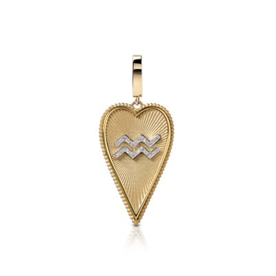 Gold elongated heart pendant featuring the Aquarius zodiac symbol in silver.