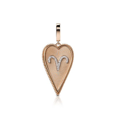 Elongated heart-shaped pendant featuring the Aries zodiac sign and decorative detailing.