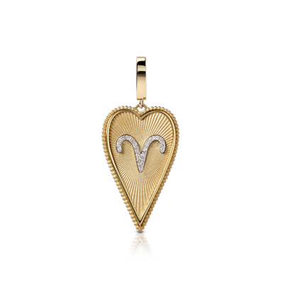Gold elongated heart-shaped necklace featuring the Aries zodiac symbol and decorative details.