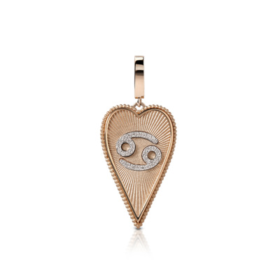 Elongated heart-shaped pendant featuring the Cancer zodiac sign and decorative elements.