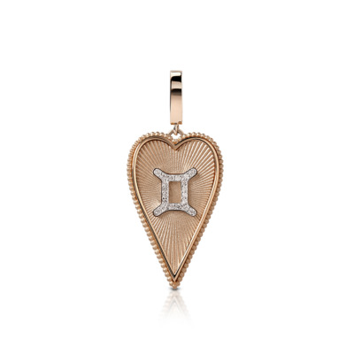 Elongated heart-shaped pendant featuring the Gemini zodiac sign in the center with a textured background.