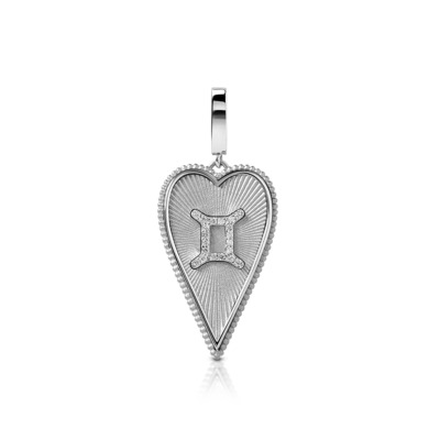 Elongated heart-shaped pendant featuring the Gemini zodiac sign in silver.