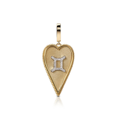 Gold elongated heart pendant featuring the Gemini zodiac sign in the center with diamond accents.