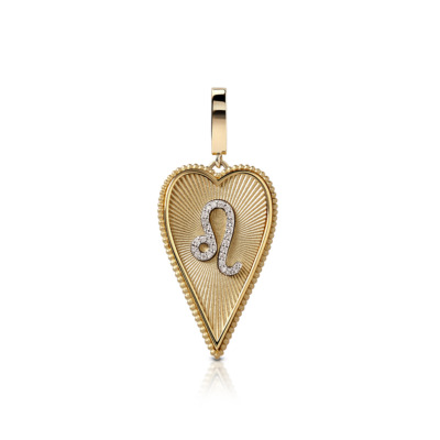 Gold elongated heart-shaped pendant featuring the Leo zodiac sign in the center.